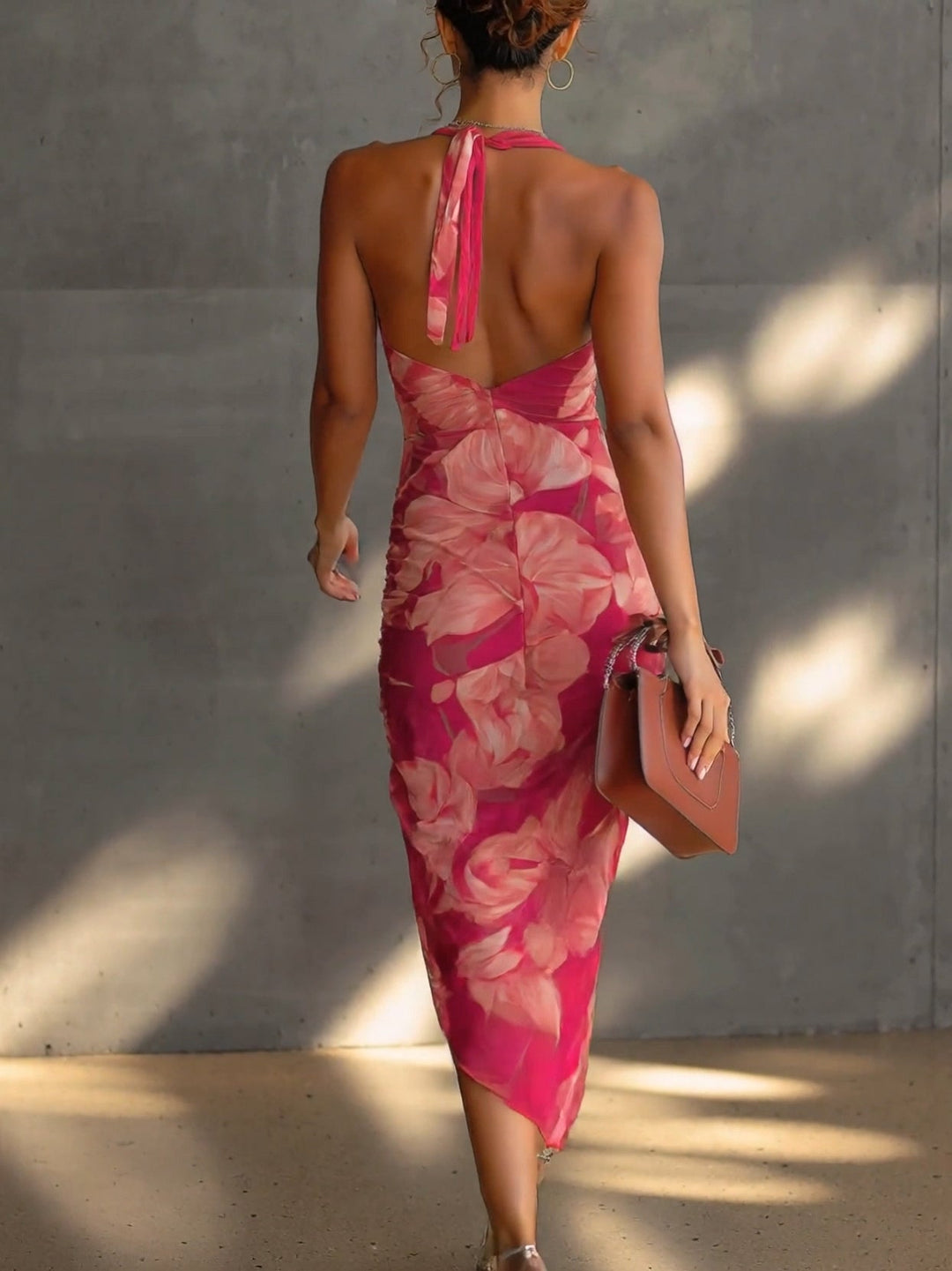Vivienne | Fuchsia Floral Print Cowl Neck Ruched Side Slit Bodycon Dress
