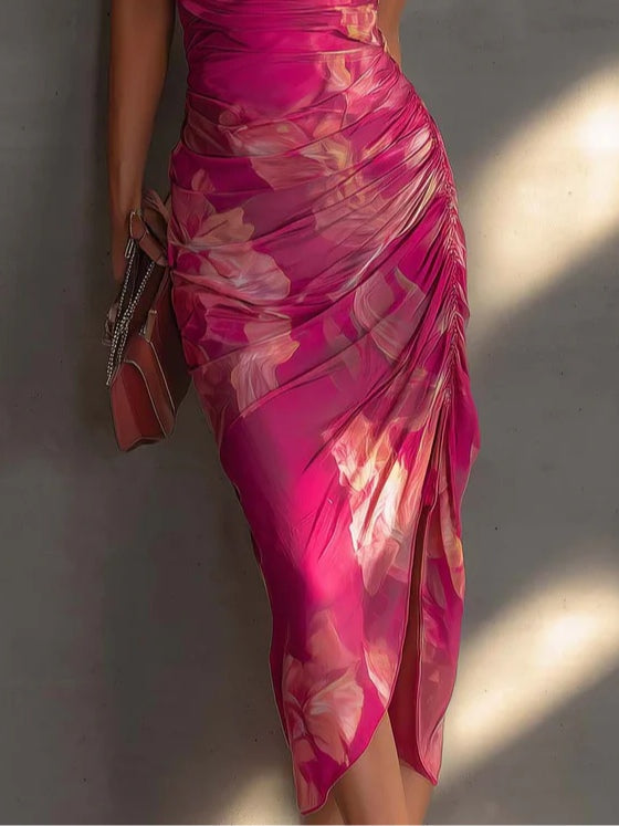 Vivienne | Fuchsia Floral Print Cowl Neck Ruched Side Slit Bodycon Dress