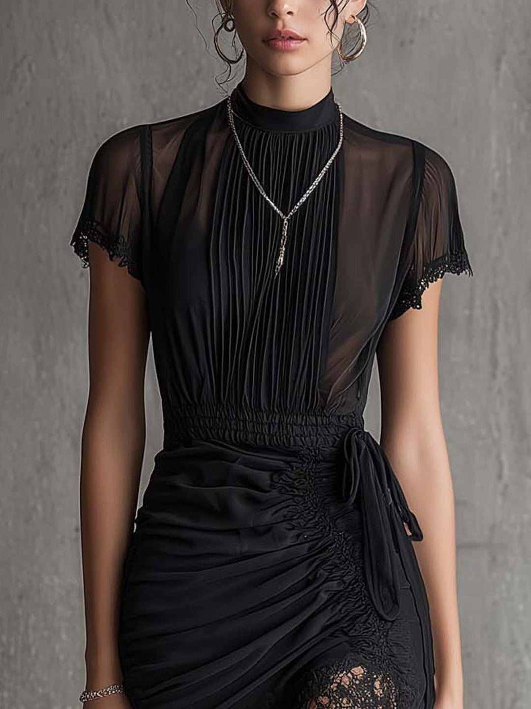 Venetia | Black Chiffon Pleated High Neck Lace Trim Smocked Waist Mini Dress