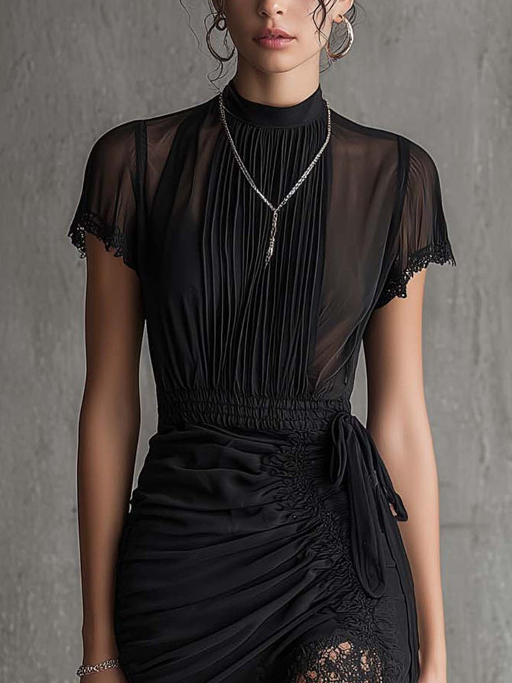 Venetia | Black Chiffon Pleated High Neck Lace Trim Smocked Waist Mini Dress