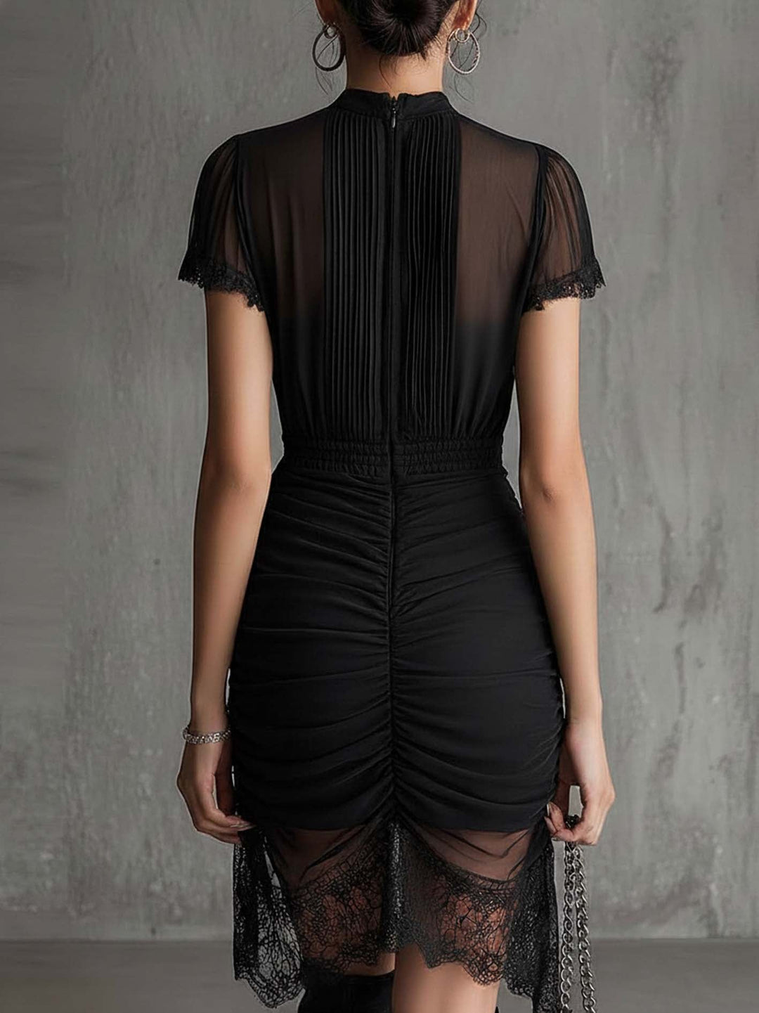 Venetia | Black Chiffon Pleated High Neck Lace Trim Smocked Waist Mini Dress