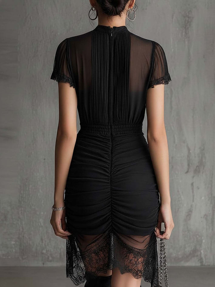 Venetia | Black Chiffon Pleated High Neck Lace Trim Smocked Waist Mini Dress