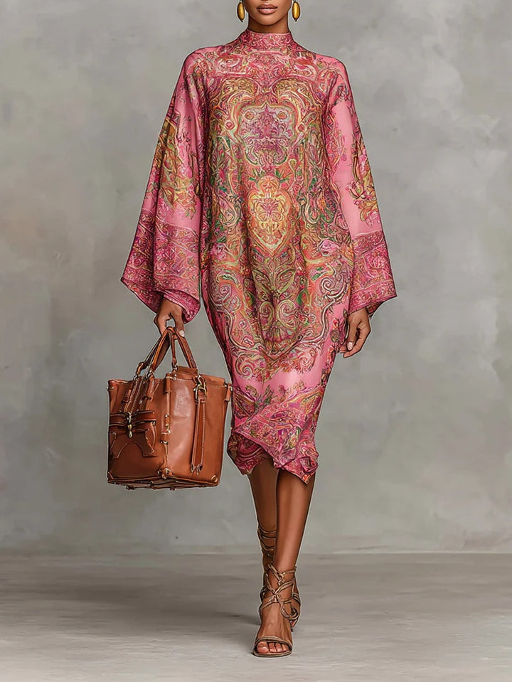 Zinnia | Pink Paisley Print Mock Neck Batwing Sleeve Loose Midi Dress