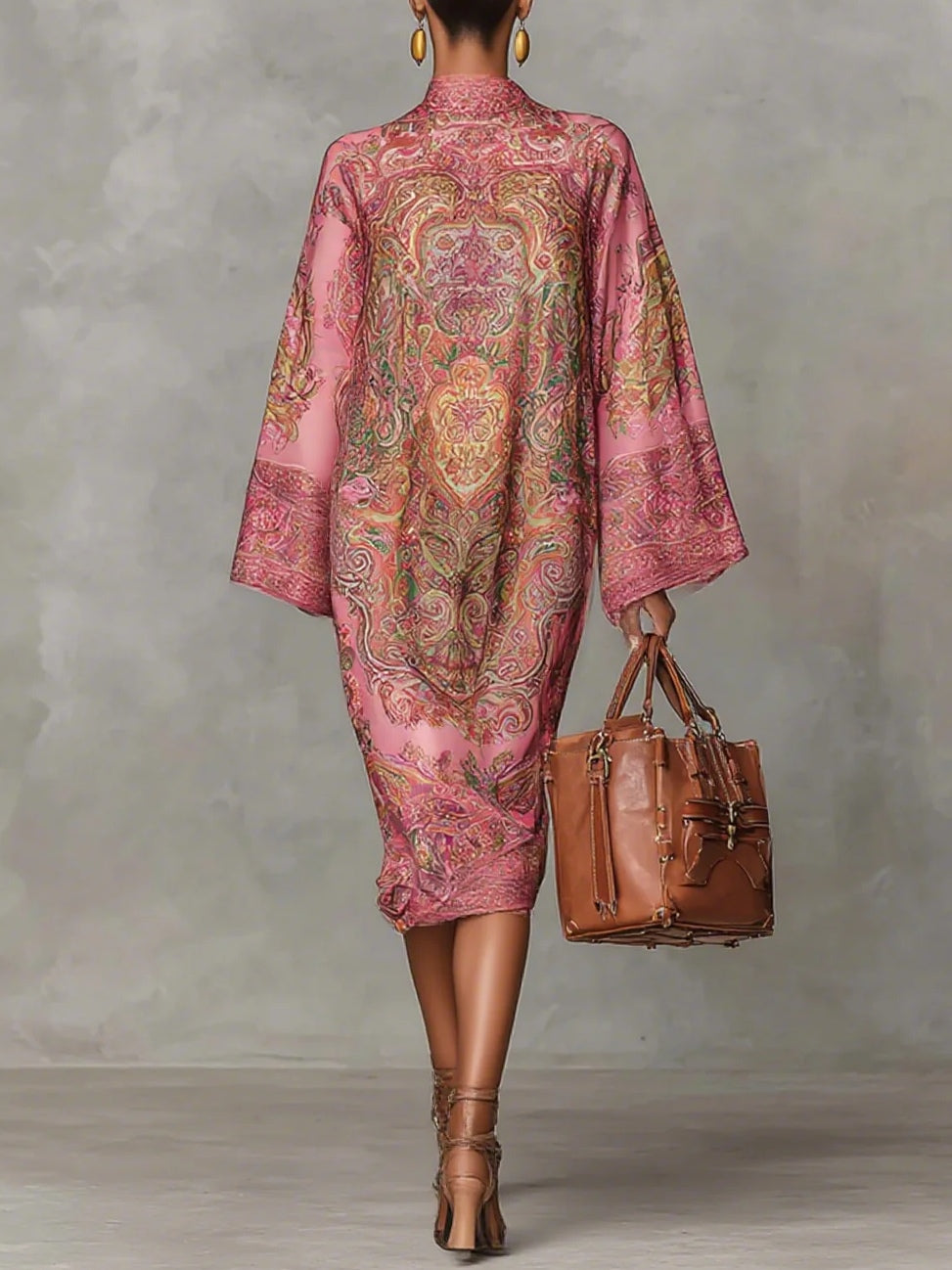 Zinnia | Pink Paisley Print Mock Neck Batwing Sleeve Loose Midi Dress