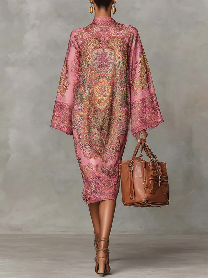 Zinnia | Pink Paisley Print Mock Neck Batwing Sleeve Loose Midi Dress