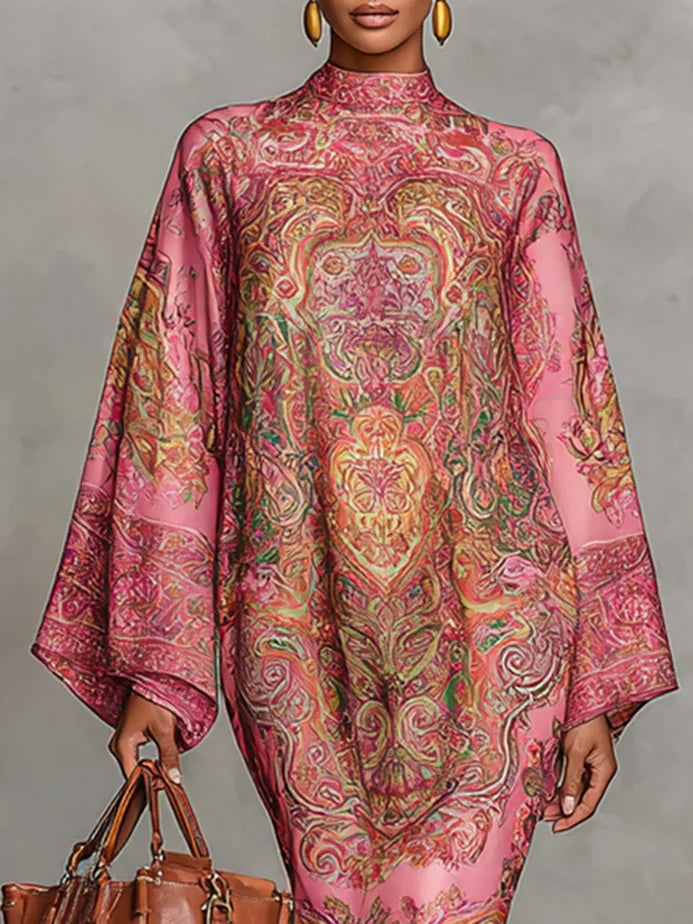 Zinnia | Pink Paisley Print Mock Neck Batwing Sleeve Loose Midi Dress