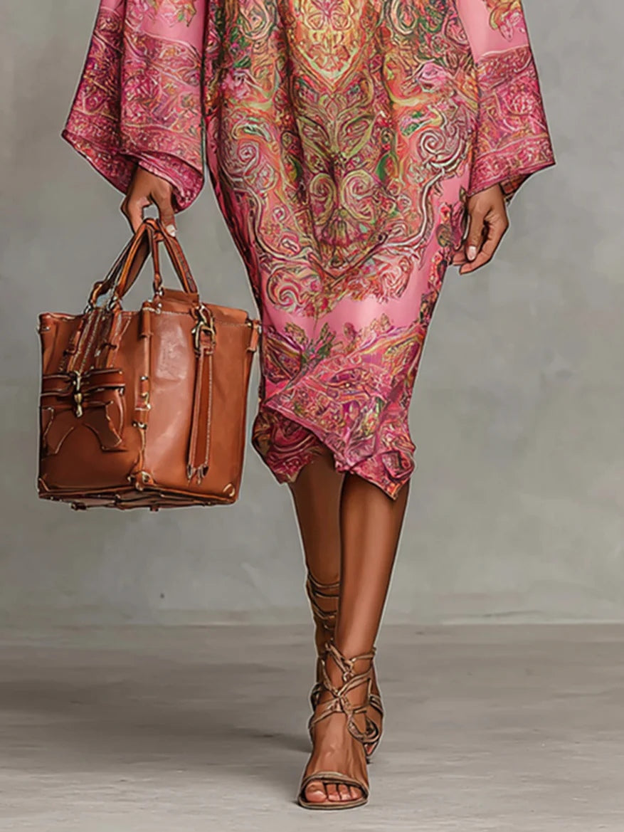 Zinnia | Pink Paisley Print Mock Neck Batwing Sleeve Loose Midi Dress