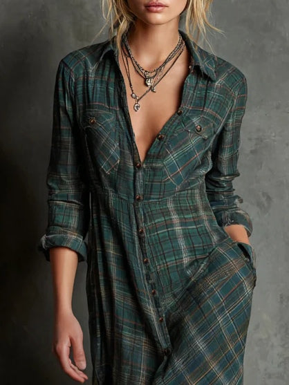 Odette | Plaid Collared Button Down Long Sleeve Maxi Shirt Dress