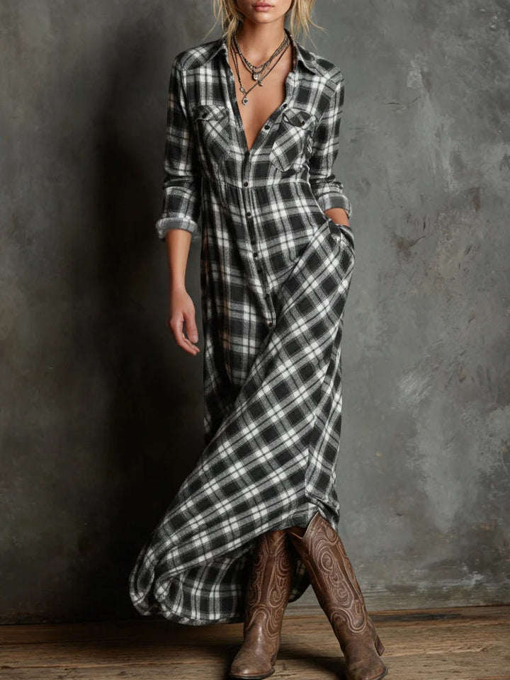 Odette | Plaid Collared Button Down Long Sleeve Maxi Shirt Dress