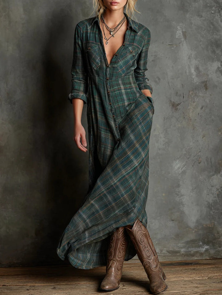 Odette | Plaid Collared Button Down Long Sleeve Maxi Shirt Dress