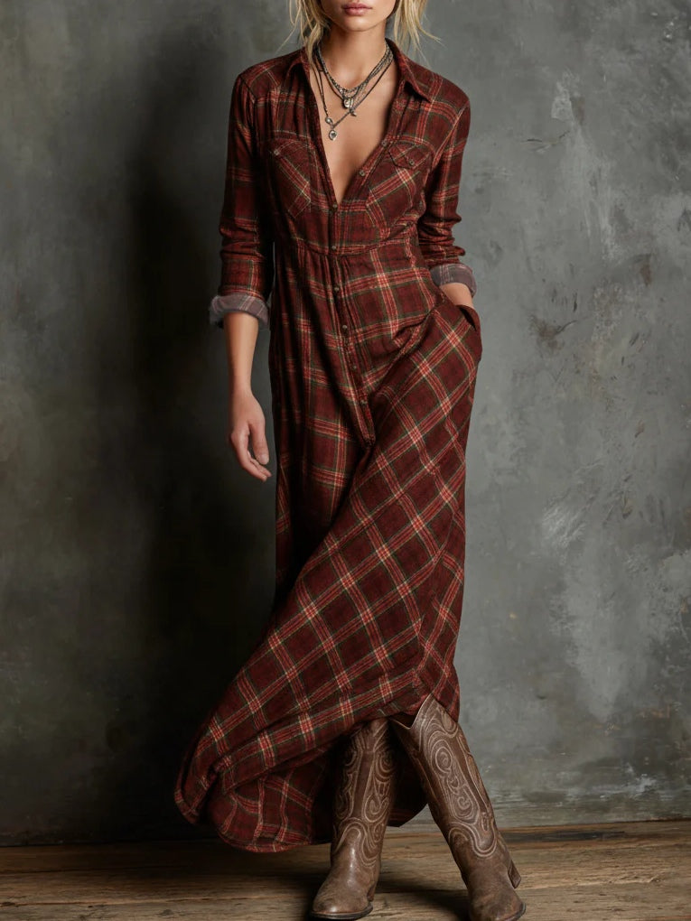 Odette | Plaid Collared Button Down Long Sleeve Maxi Shirt Dress