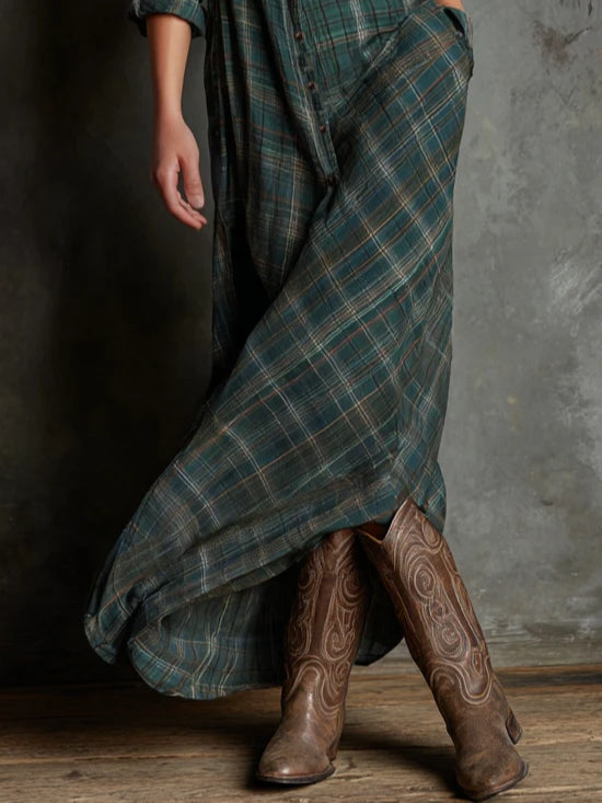 Odette | Plaid Collared Button Down Long Sleeve Maxi Shirt Dress