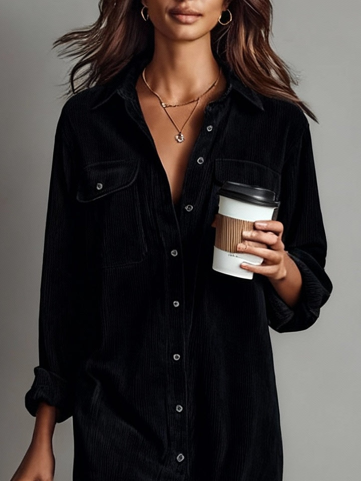 Elise | Corduroy Collared Double Chest Pocket Button Down Midi Dress