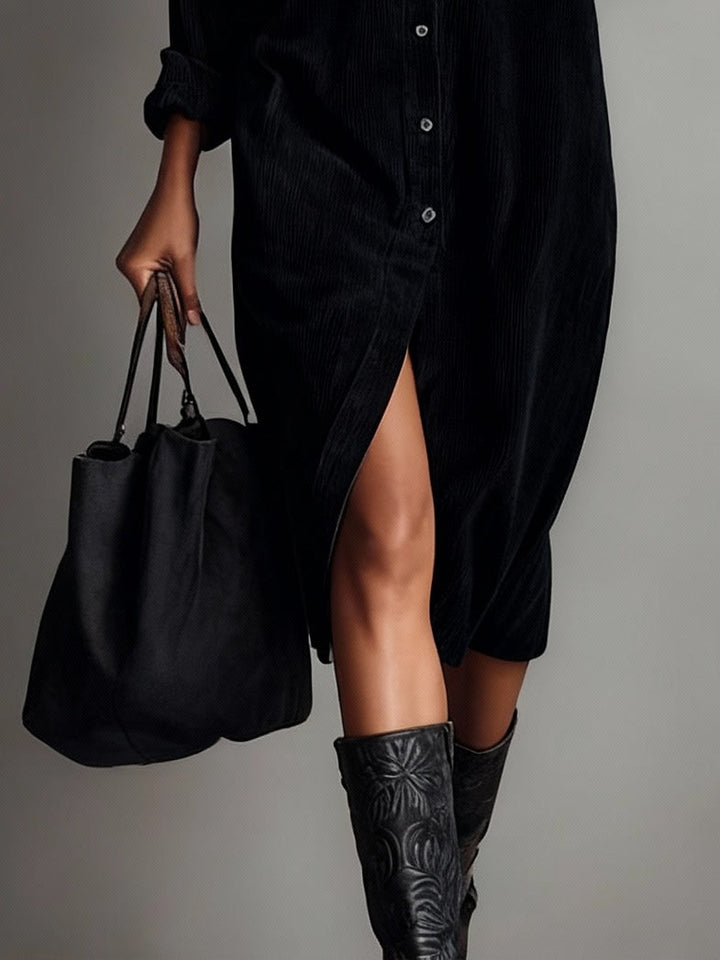 Elise | Corduroy Collared Double Chest Pocket Button Down Midi Dress
