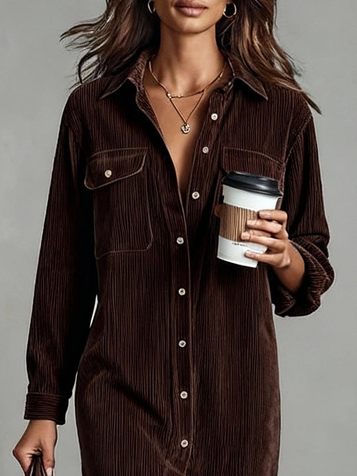 Elise | Corduroy Collared Double Chest Pocket Button Down Midi Dress