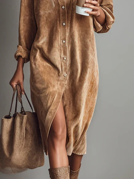 Elise | Corduroy Collared Double Chest Pocket Button Down Midi Dress