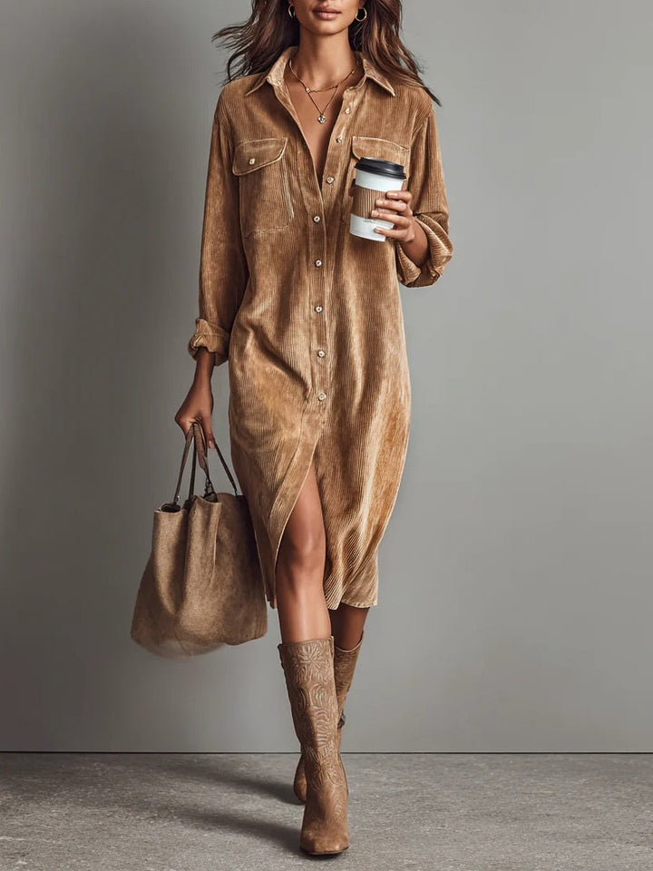 Elise | Corduroy Collared Double Chest Pocket Button Down Midi Dress