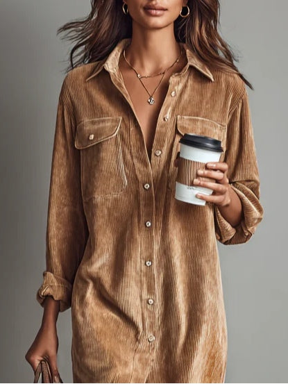 Elise | Corduroy Collared Double Chest Pocket Button Down Midi Dress
