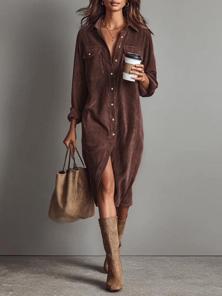 Elise | Corduroy Collared Double Chest Pocket Button Down Midi Dress