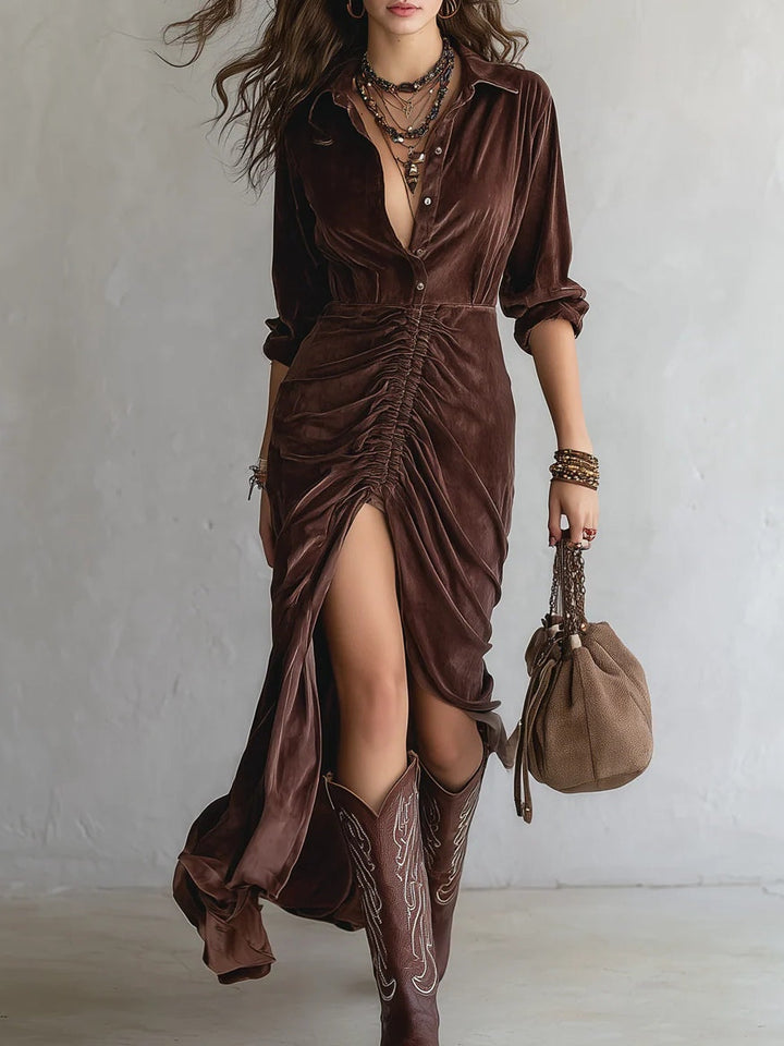 Victoria | Brown Velvet Button Front Ruched Midi Dress