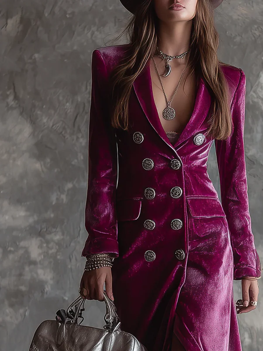 Tatiana | Purple Velvet Double Breasted Blazer Long Sleeve Maxi Dress
