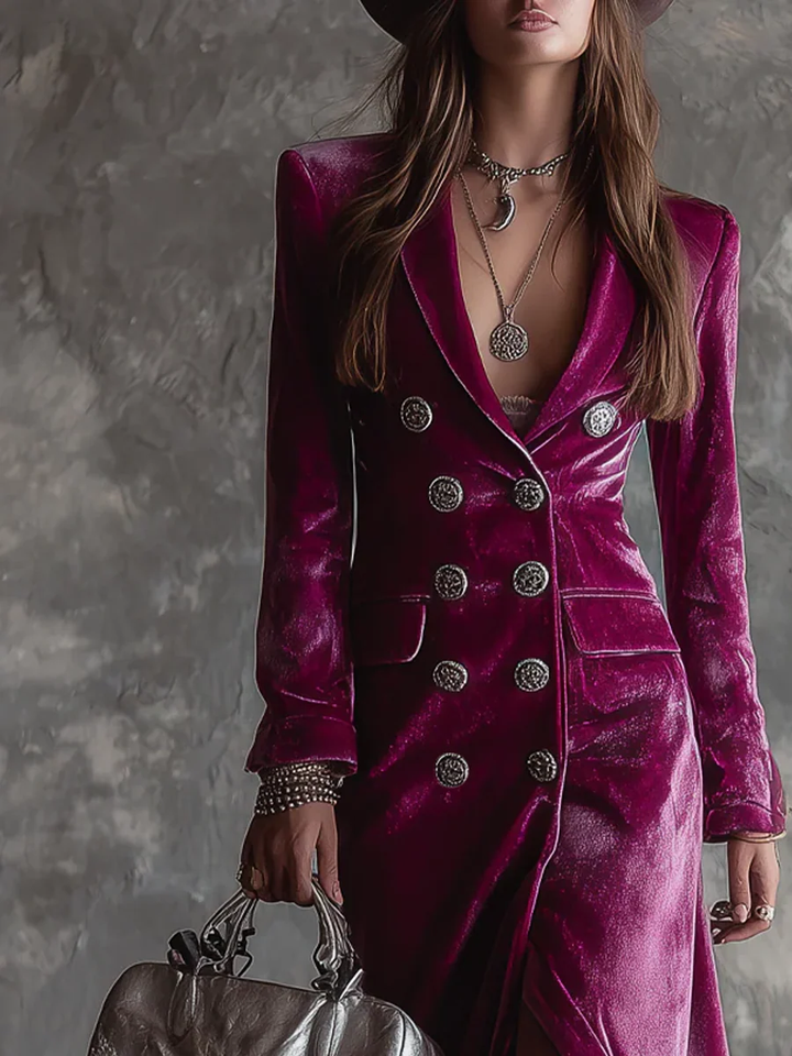 Tatiana | Purple Velvet Double Breasted Blazer Long Sleeve Maxi Dress