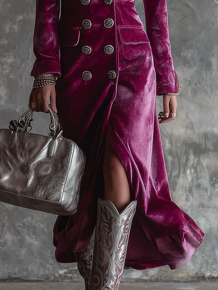 Tatiana | Purple Velvet Double Breasted Blazer Long Sleeve Maxi Dress