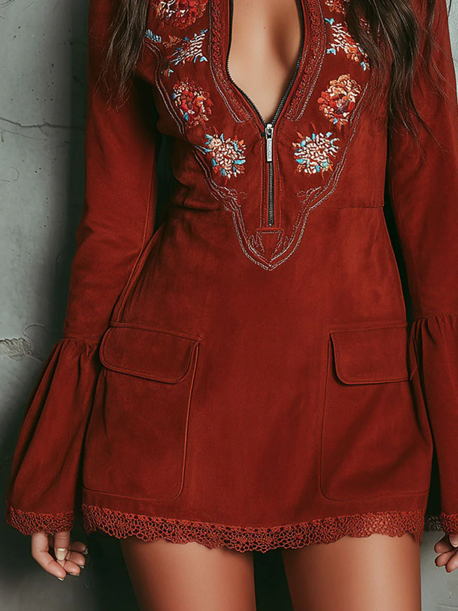 Rosalind | Rust Red Suede Floral Embroidered Zip Front Bell Sleeve Mini Dress