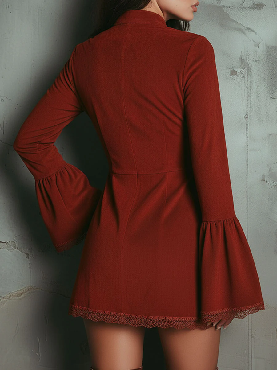 Rosalind | Rust Red Suede Floral Embroidered Zip Front Bell Sleeve Mini Dress