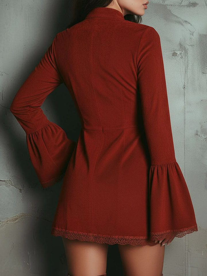 Rosalind | Rust Red Suede Floral Embroidered Zip Front Bell Sleeve Mini Dress