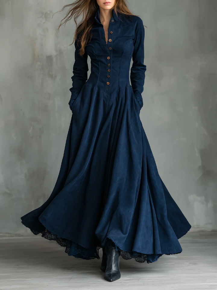 Isolde | Dark Blue Faux Suede Collared Button Down Lace Trim Flare Maxi Dress