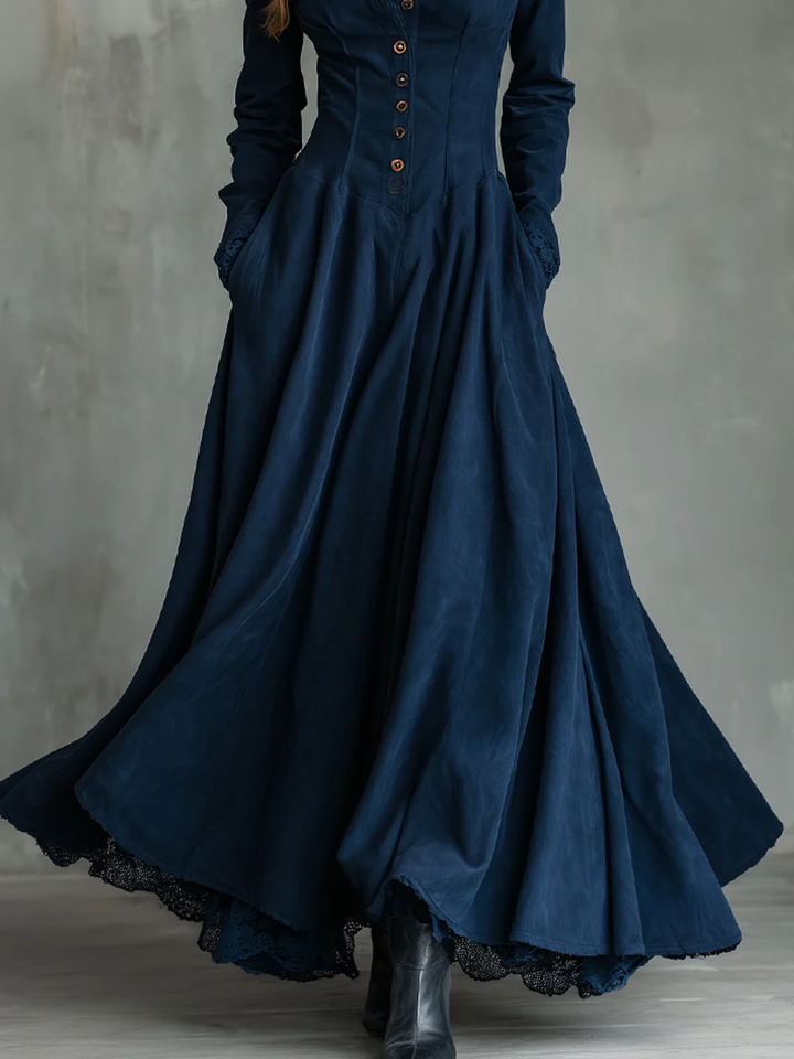 Isolde | Dark Blue Faux Suede Collared Button Down Lace Trim Flare Maxi Dress