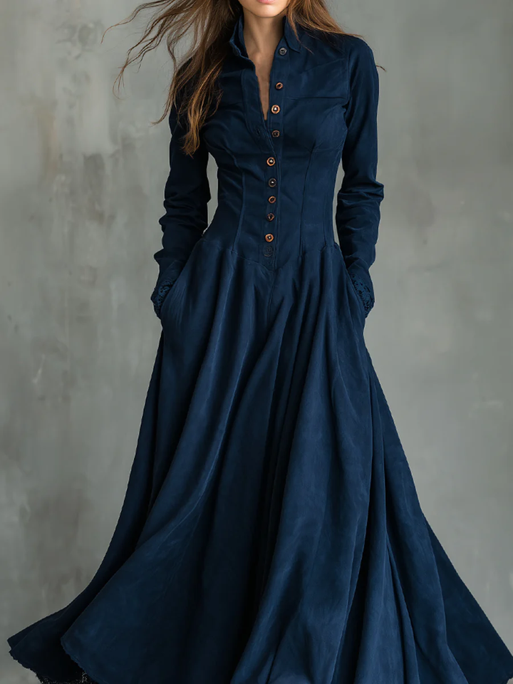 Isolde | Dark Blue Faux Suede Collared Button Down Lace Trim Flare Maxi Dress