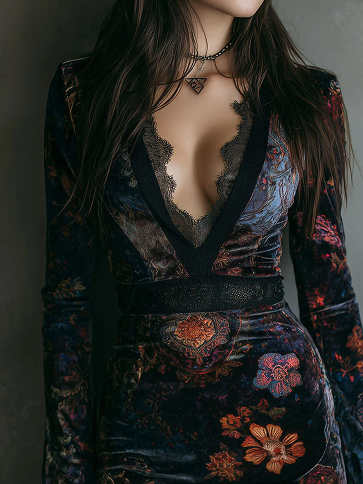 Calista | Floral Velvet Deep V Neck Lace Trim Long Sleeve Fitted Mini Dress