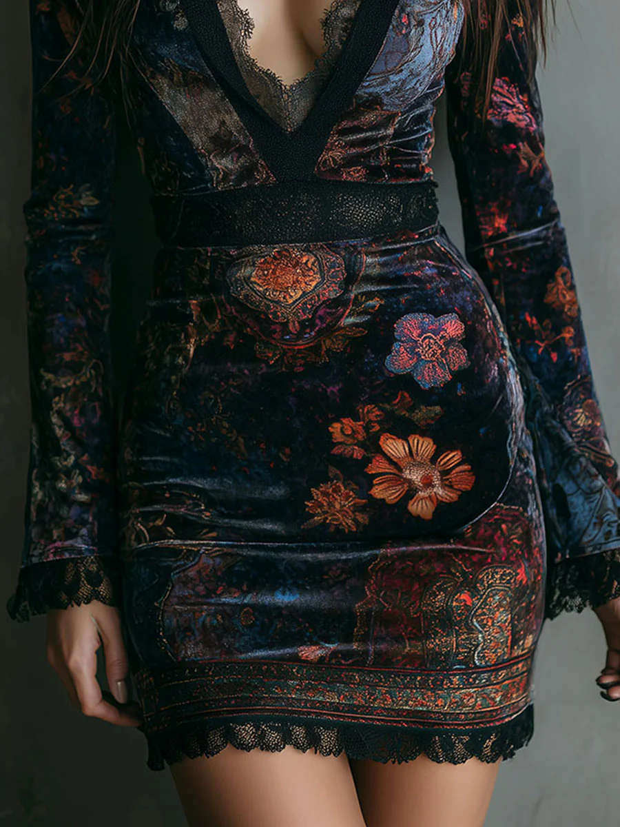 Calista | Floral Velvet Deep V Neck Lace Trim Long Sleeve Fitted Mini Dress