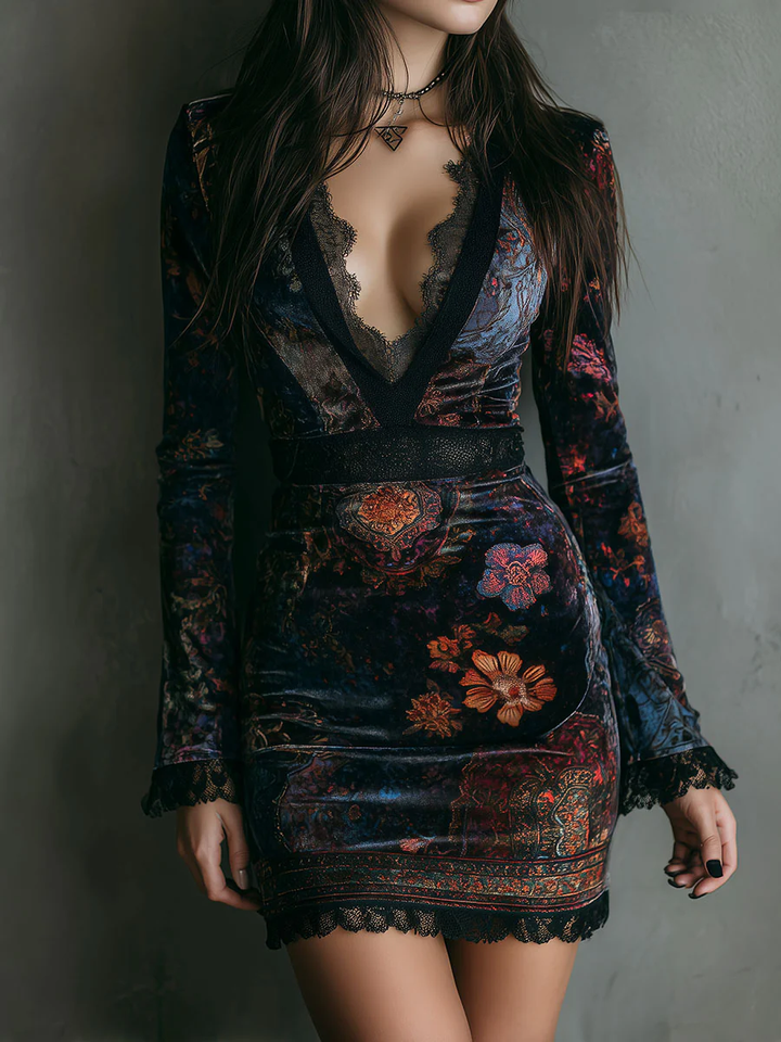 Calista | Floral Velvet Deep V Neck Lace Trim Long Sleeve Fitted Mini Dress