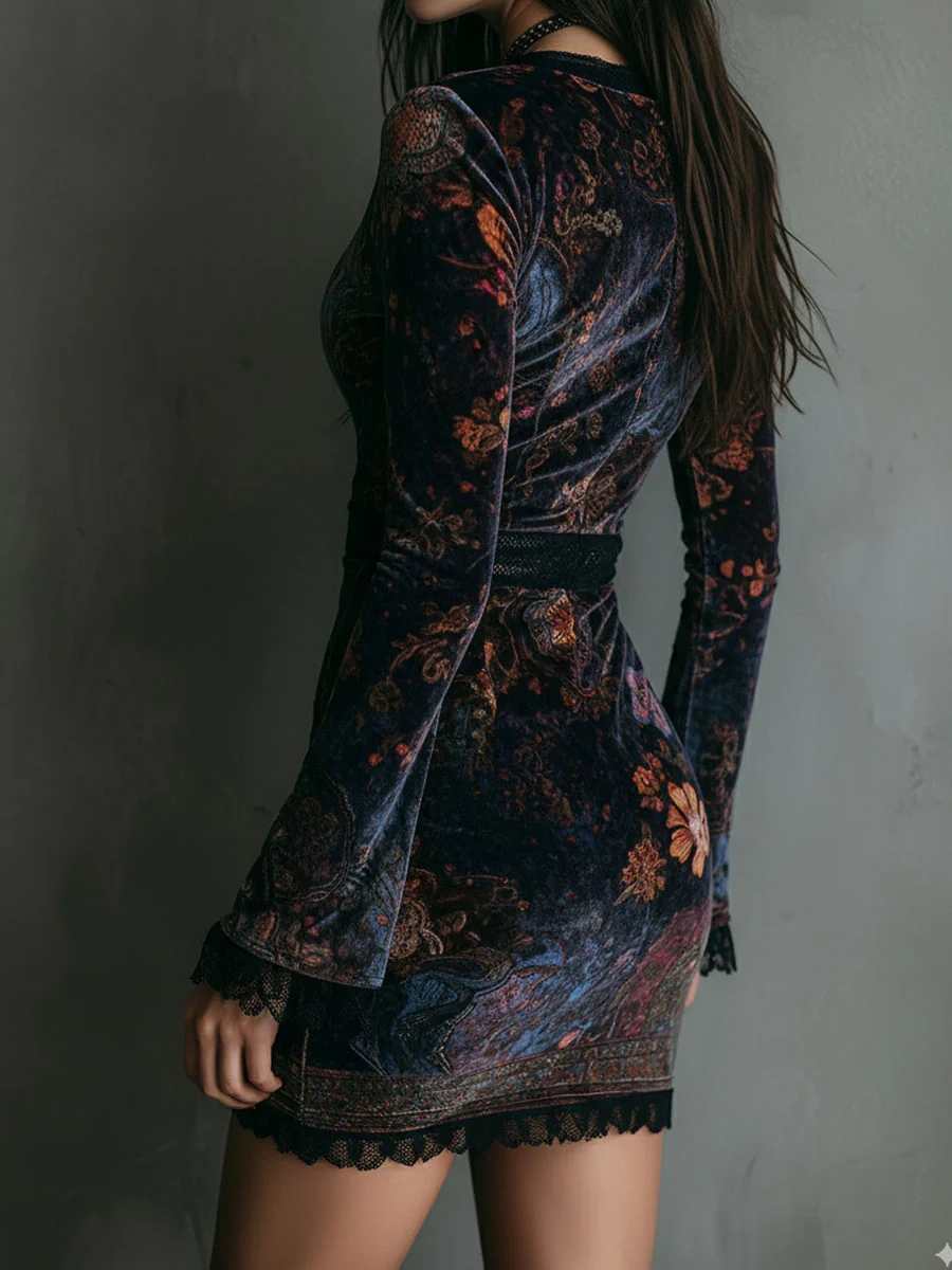Calista | Floral Velvet Deep V Neck Lace Trim Long Sleeve Fitted Mini Dress
