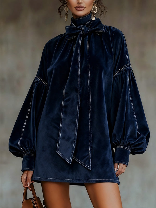 Mila | Dark Blue Velvet Bow Neck Lantern Sleeve Mini Dress