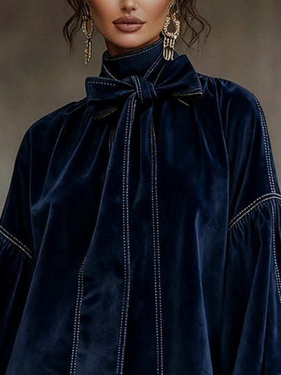 Mila | Dark Blue Velvet Bow Neck Lantern Sleeve Mini Dress