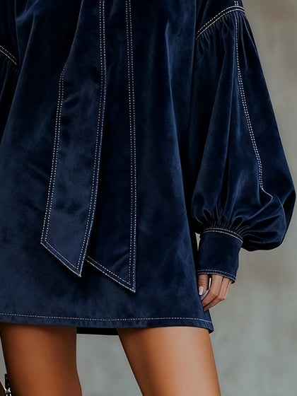 Mila | Dark Blue Velvet Bow Neck Lantern Sleeve Mini Dress