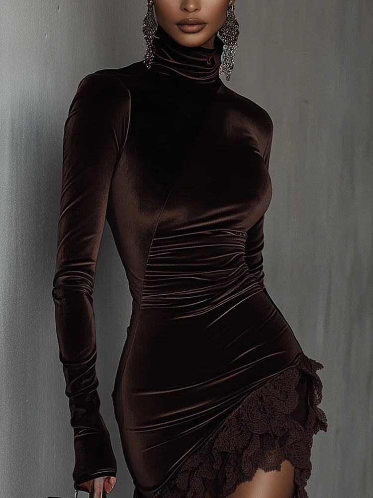 Yara | Chocolate Velvet Turtleneck Ruched Lace Hem Fitted Mini Dress