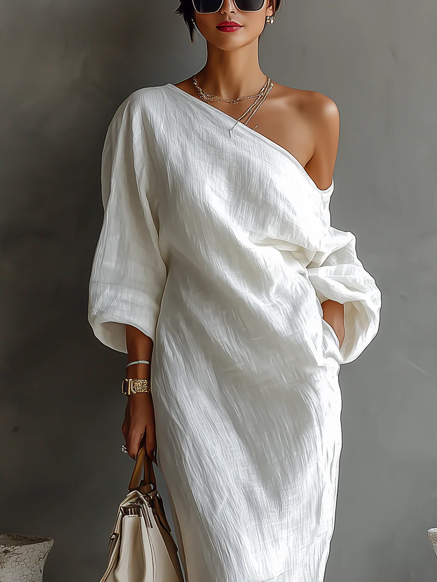 Seraphine | White One Shoulder Batwing Sleeve Flowing Maxi Dress