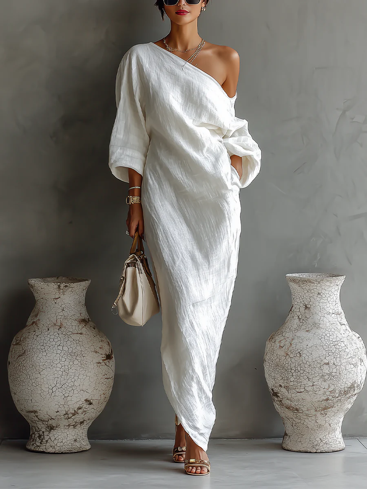 Seraphine | White One Shoulder Batwing Sleeve Flowing Maxi Dress
