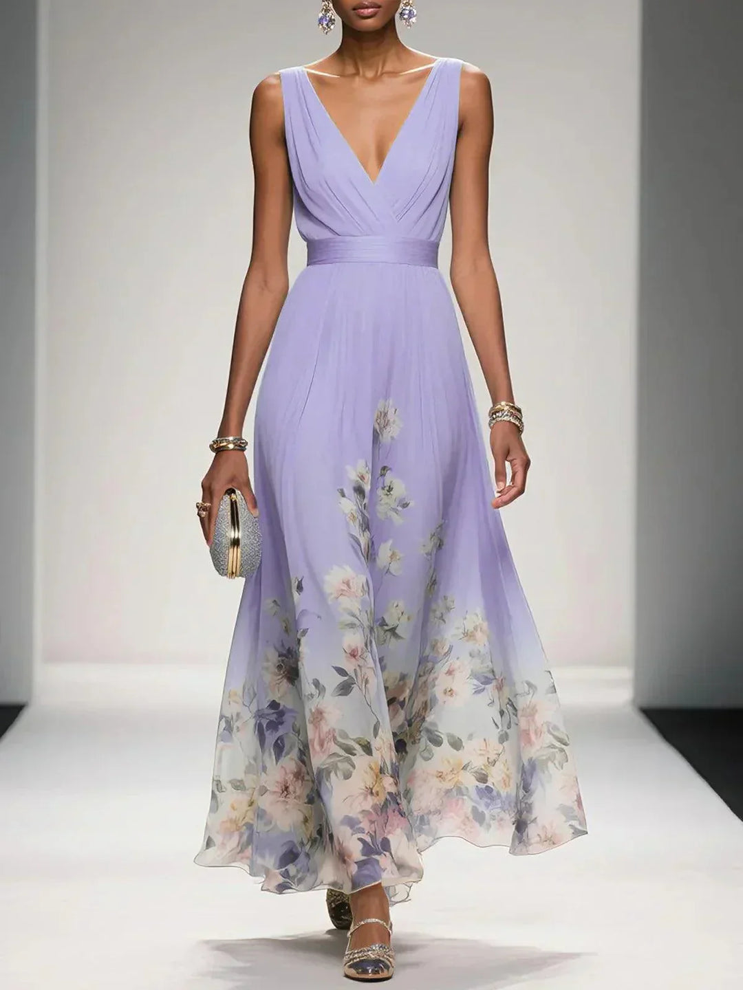 Zelda | Floral Print Deep V Neck Sleeveless A Line Formal Wedding Guest Maxi Dress
