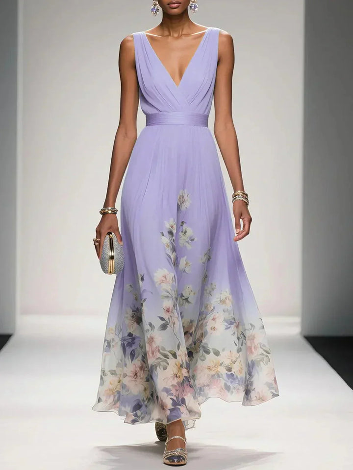 Zelda | Floral Print Deep V Neck Sleeveless A Line Formal Wedding Guest Maxi Dress