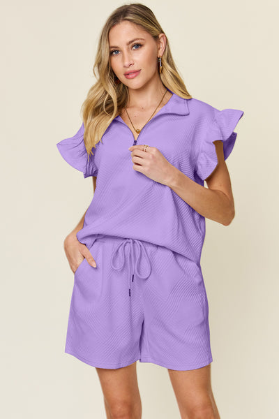 Double Take Full Size Texture Flounce Sleeve Top and Drawstring Shorts Set-Tops-Grace & Blossom Boutique, a women's online fashion boutique located in Odessa, Florida