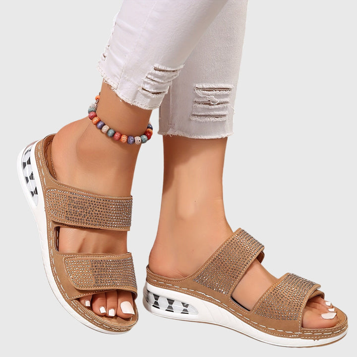 Willa | Rhinestone Double Strap Velcro Platform Slide Sandals