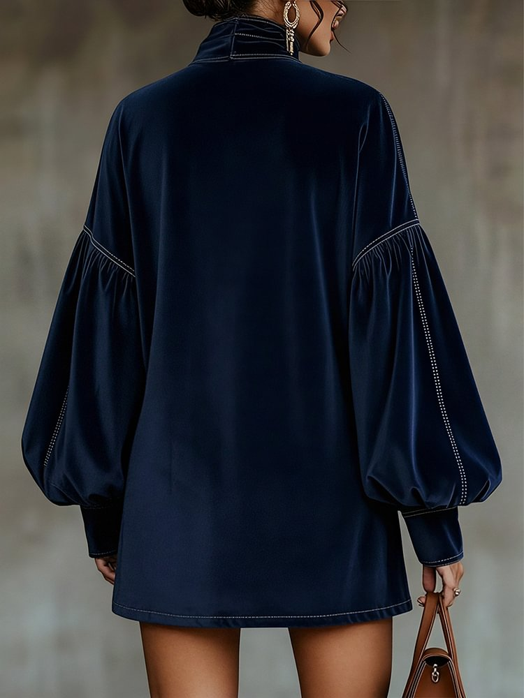 Mila | Dark Blue Velvet Bow Neck Lantern Sleeve Mini Dress