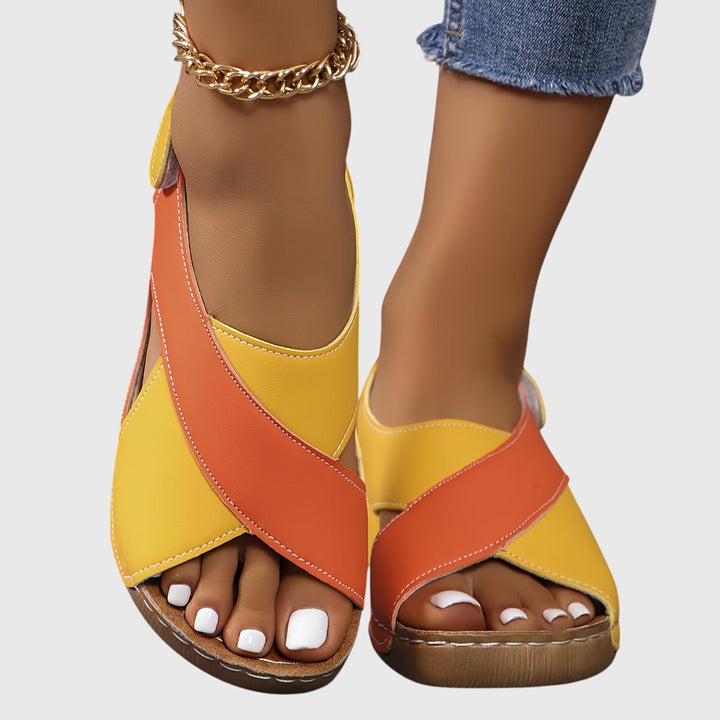 Viveca | Colorblock Cross Strap Toe Post Wedge Sandals