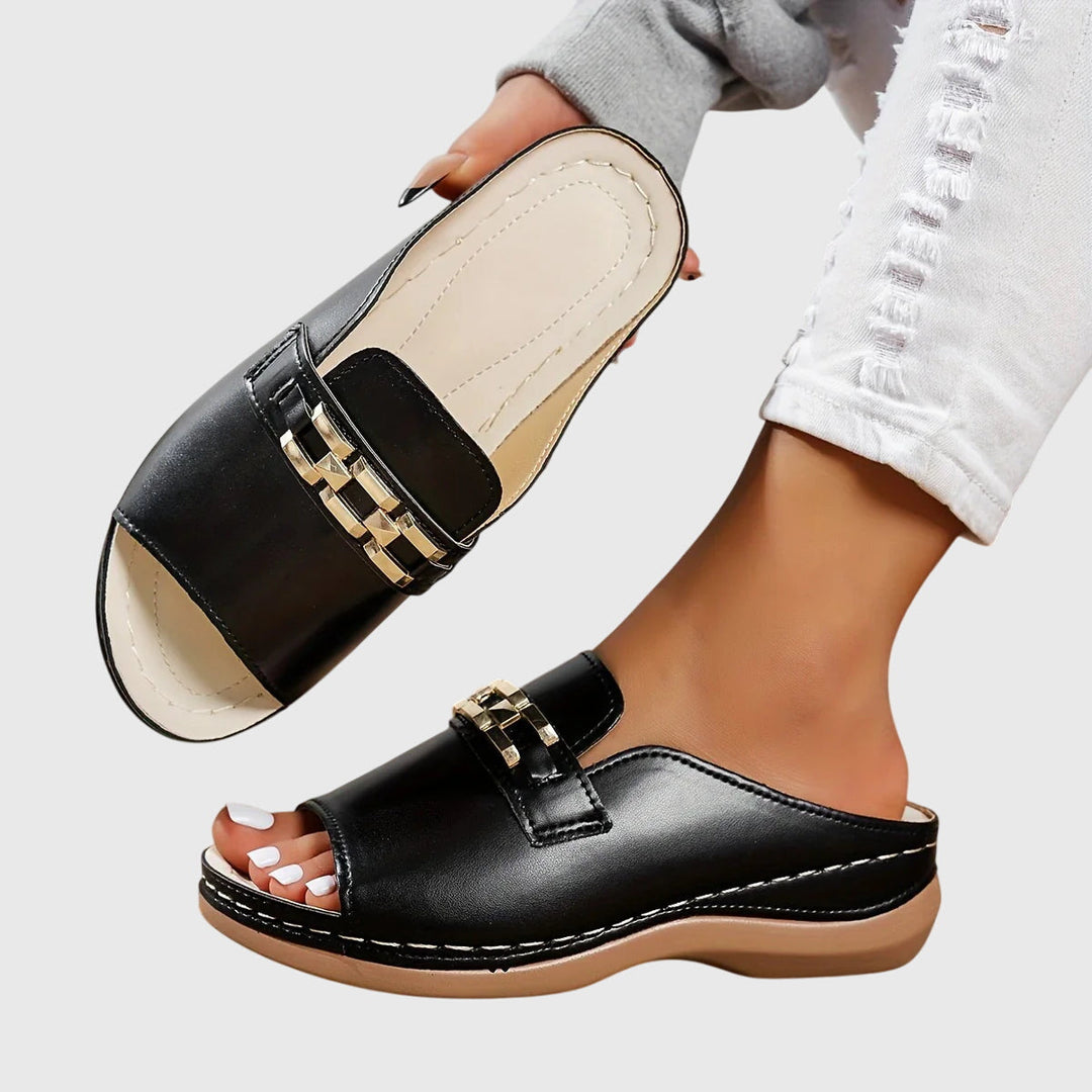 Ingrid | Gold Hardware Wide Band Suede Slip On Mules